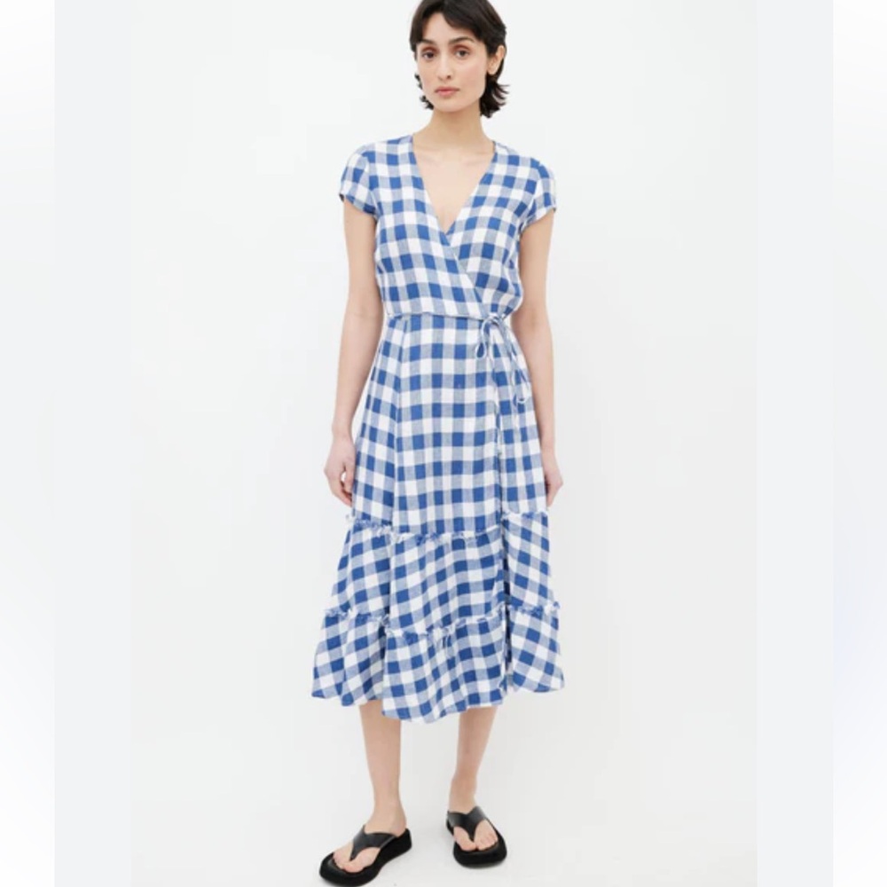 Reformation Calista Gingham Linen Midi Wrap Dress Blue White Women’s Sz L